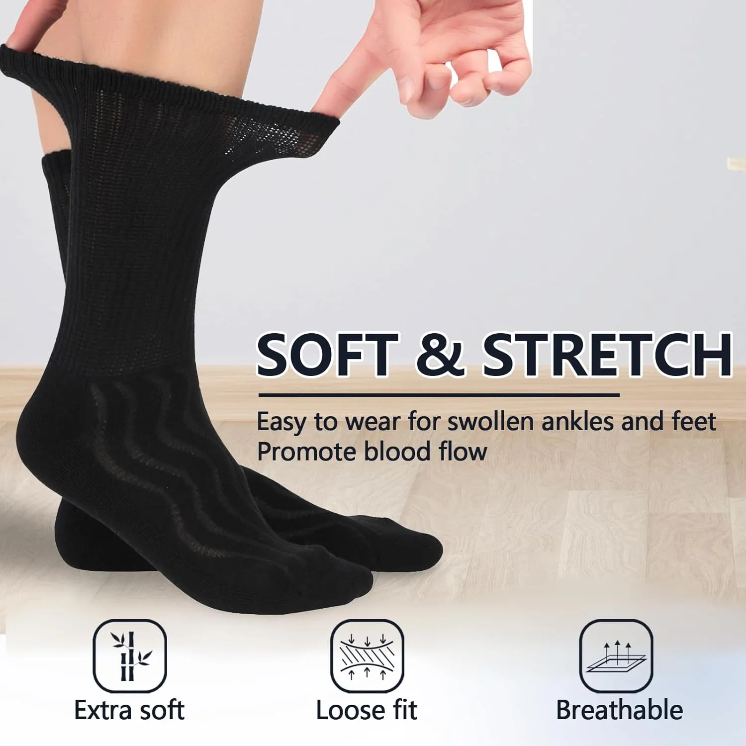  MD 4 & 6 Pairs Bamboo Diabetic Crew Socks, Non-Binding Loose Fit for Women & Men, Soft Cushioned Sole Moisture Wicking