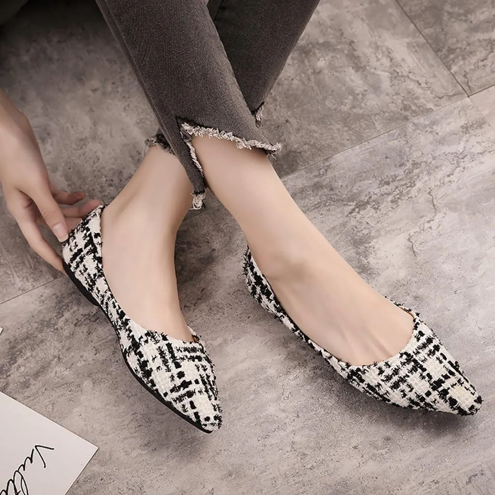 Meeshine Womens Classic Pointy Toe Ballet Flats Slip On Plaid Dress Flat Shoes