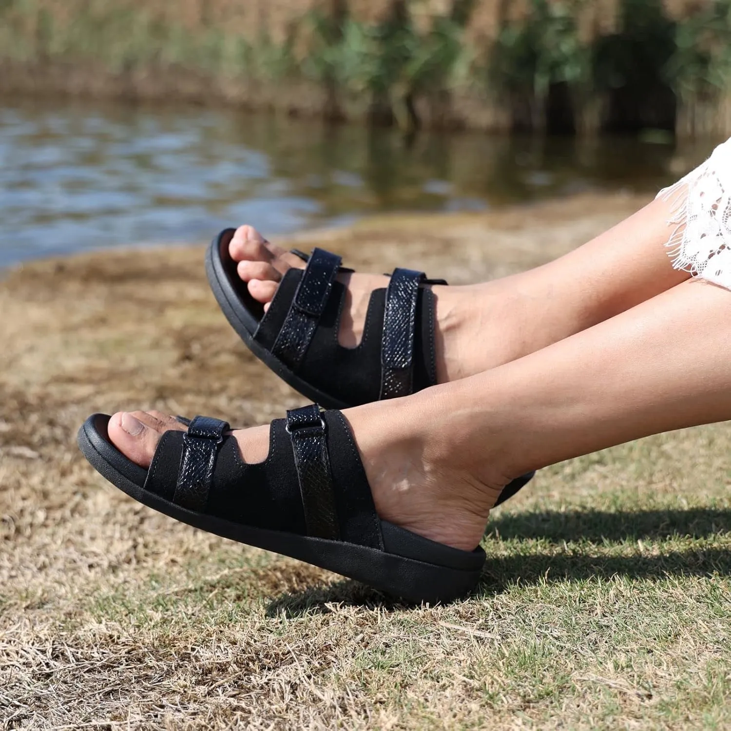 MEGNYA Women Comfortable Walking Sandals with Arch Support, Plantar Fasciitis Slides for Flat Feet Relieve, Orthopedic Sandals with Adjustable Straps