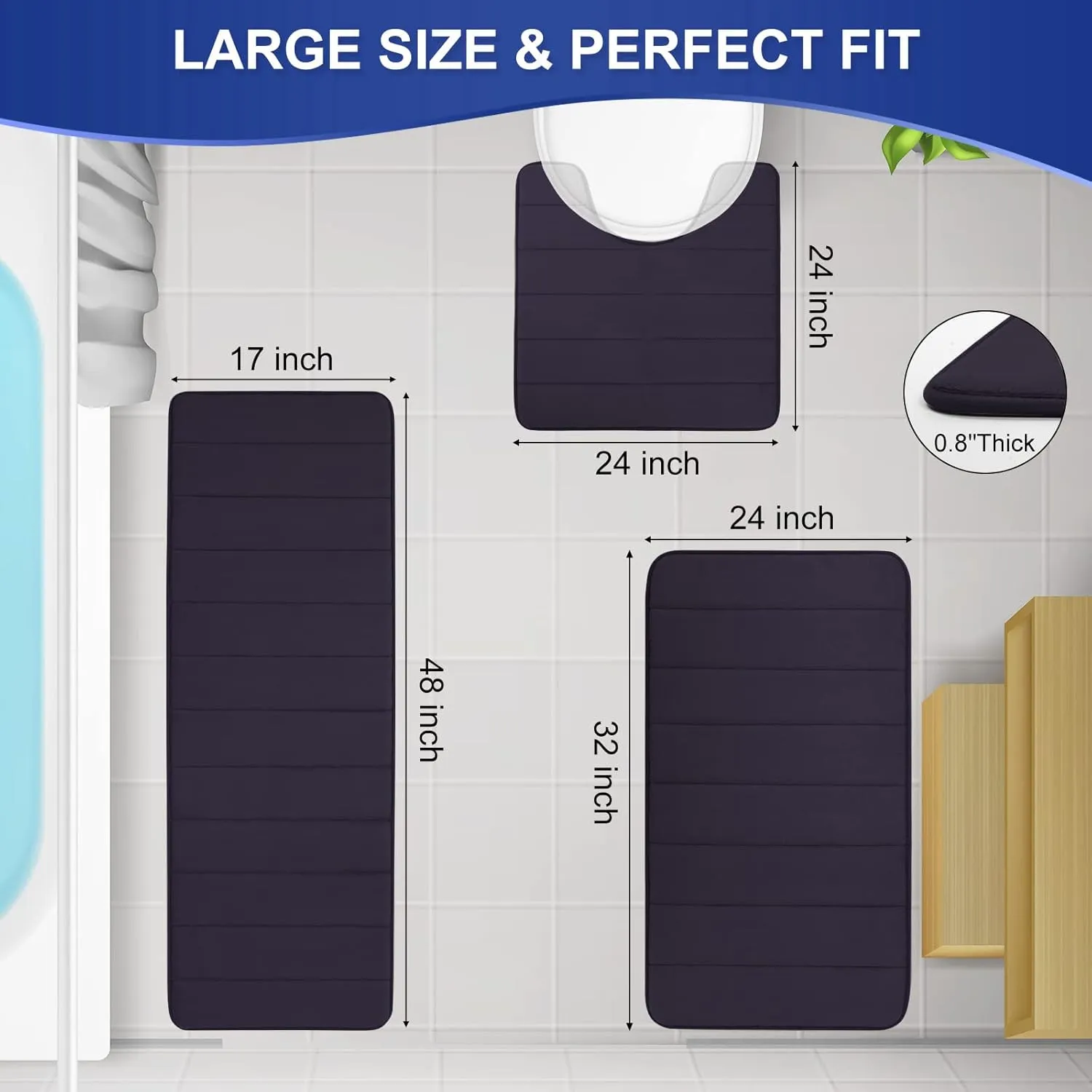 Memory Foam Bathroom Rugs Sets 3 Piece, Extra Thick Soft Absorbent Non Slip, Washable Toilet Shower Bath Mat for Bedroom, Living Room (Dark Grey, U Shape 24” X 24” 24” X 32” 17” X 48”)