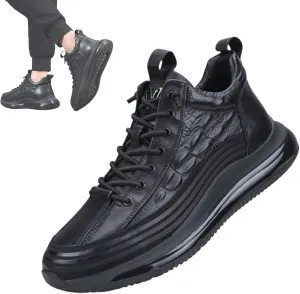 Men's Crocodile Print Leather Sneakers Casual Air Elastic Waterproof Height Lifting Comfortable Shoes High Top Sneakers (Black,8)