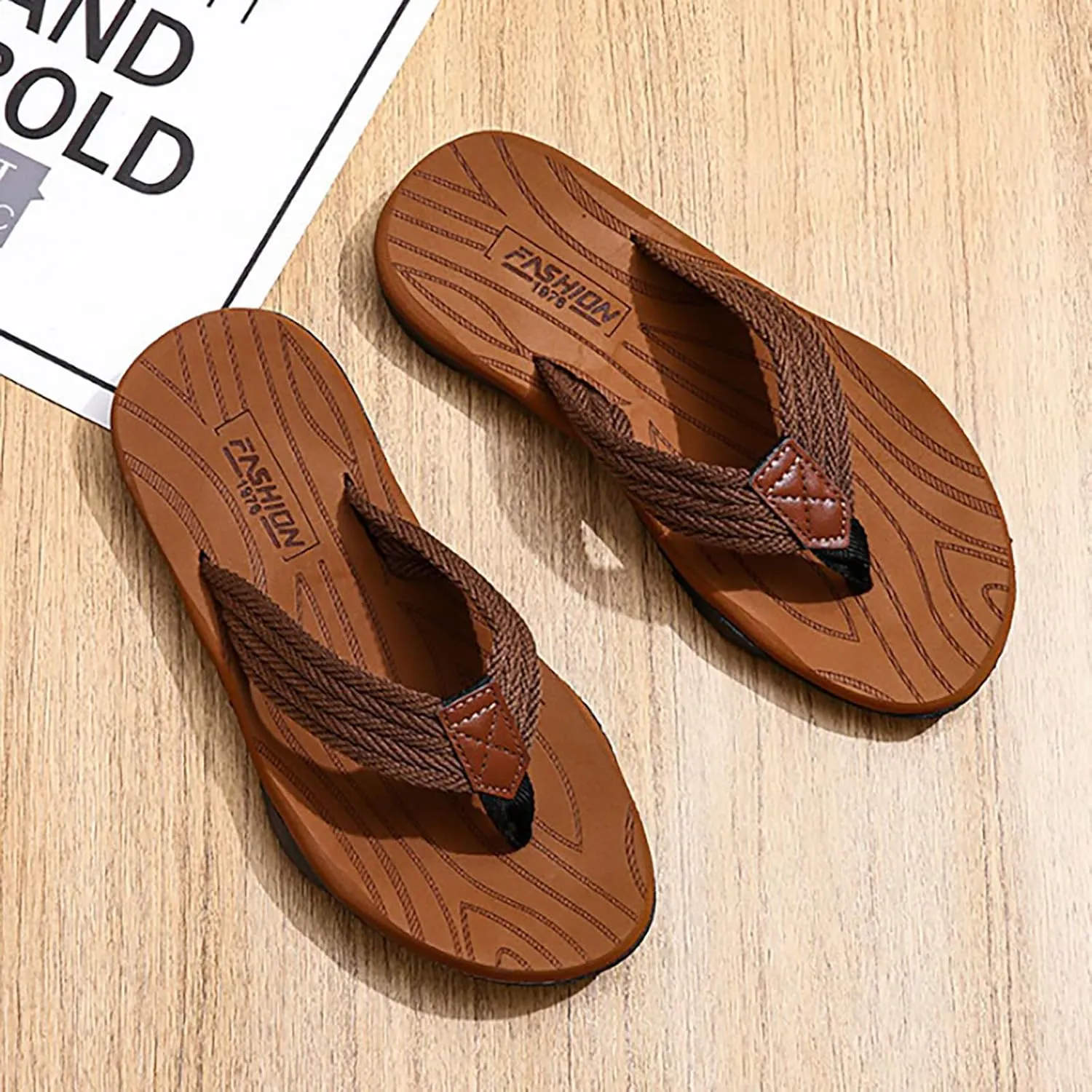 Mens Flip Flops Arch Support Waterproof Open Toe Summer Beach Leather Thong Sandals Cushion Slip on Slippers