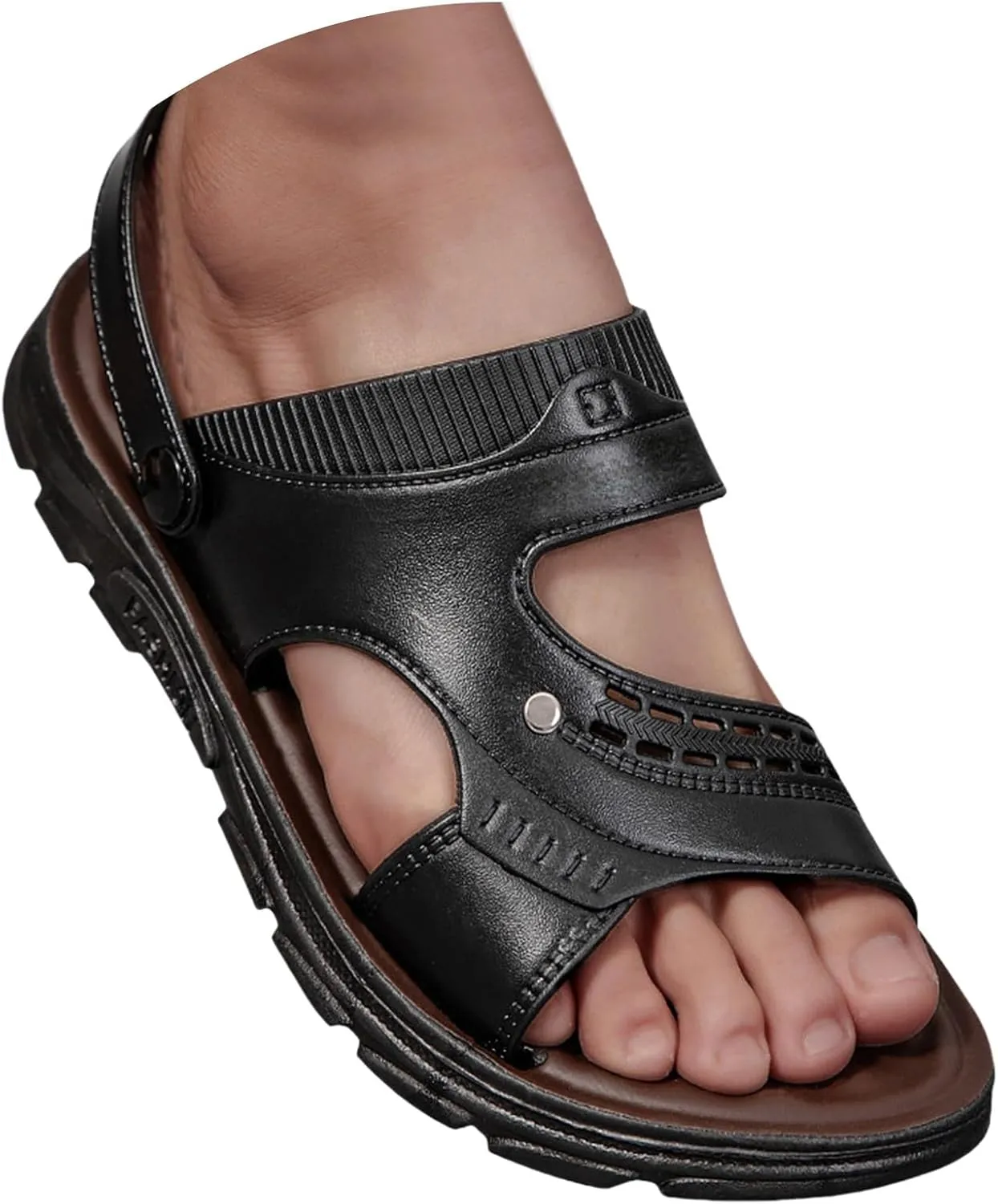 Men's Leather Slides Open Toe Sports Sandals with Adjustable Strap Cutout Dressy Slip On Arch Support Summer Sandals