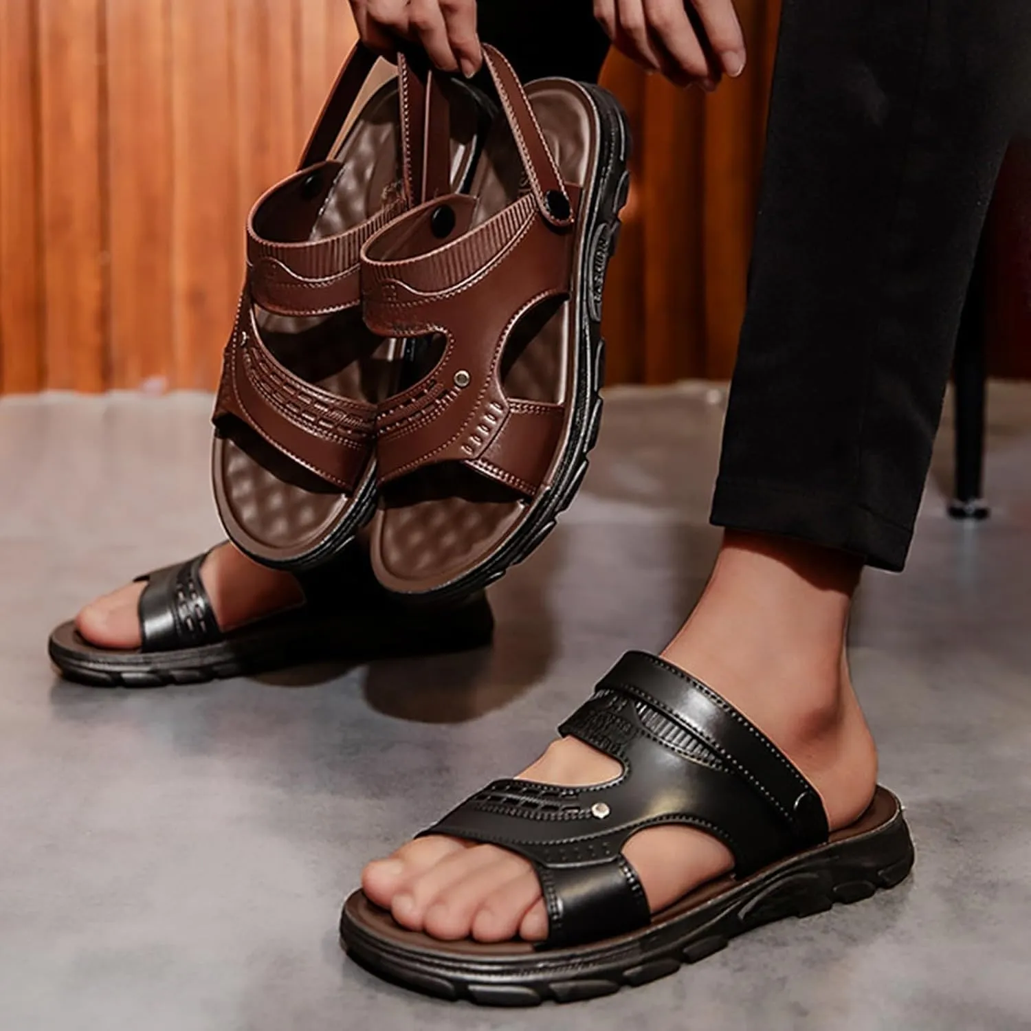Men's Leather Slides Open Toe Sports Sandals with Adjustable Strap Cutout Dressy Slip On Arch Support Summer Sandals