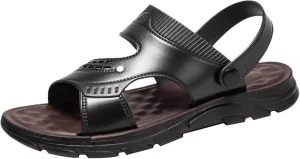Men's Leather Slides Open Toe Sports Sandals with Adjustable Strap Cutout Dressy Slip On Arch Support Summer Sandals