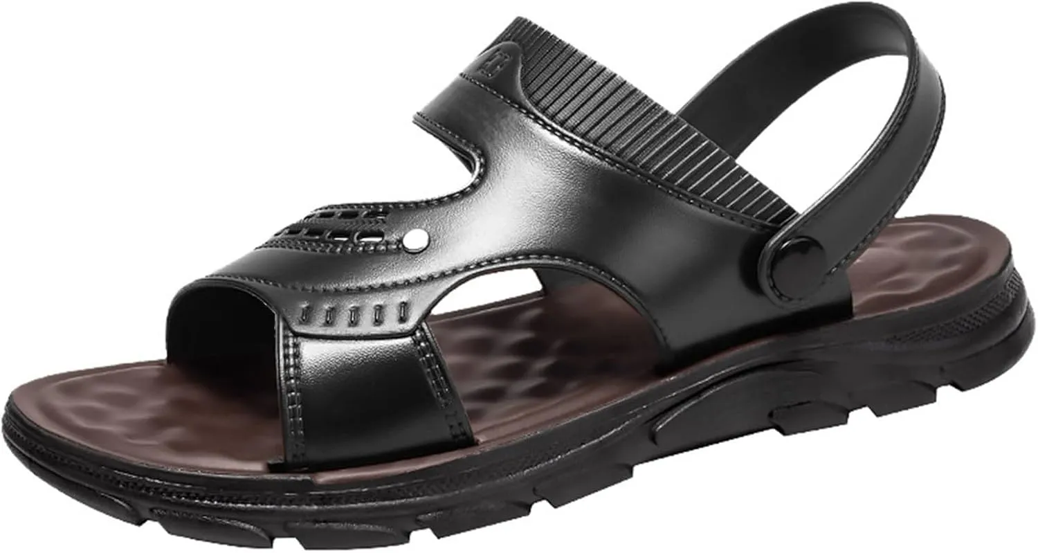 Men's Leather Slides Open Toe Sports Sandals with Adjustable Strap Cutout Dressy Slip On Arch Support Summer Sandals