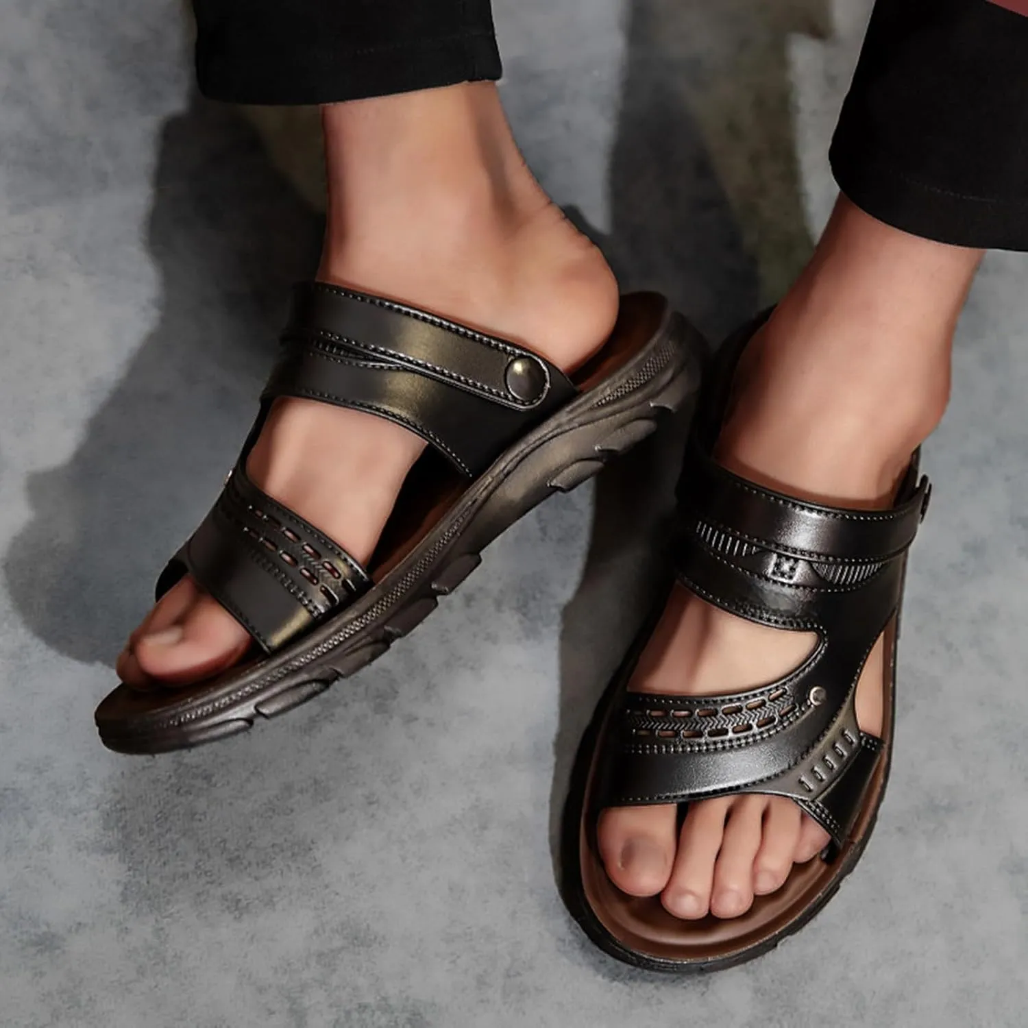 Men's Leather Slides Open Toe Sports Sandals with Adjustable Strap Cutout Dressy Slip On Arch Support Summer Sandals