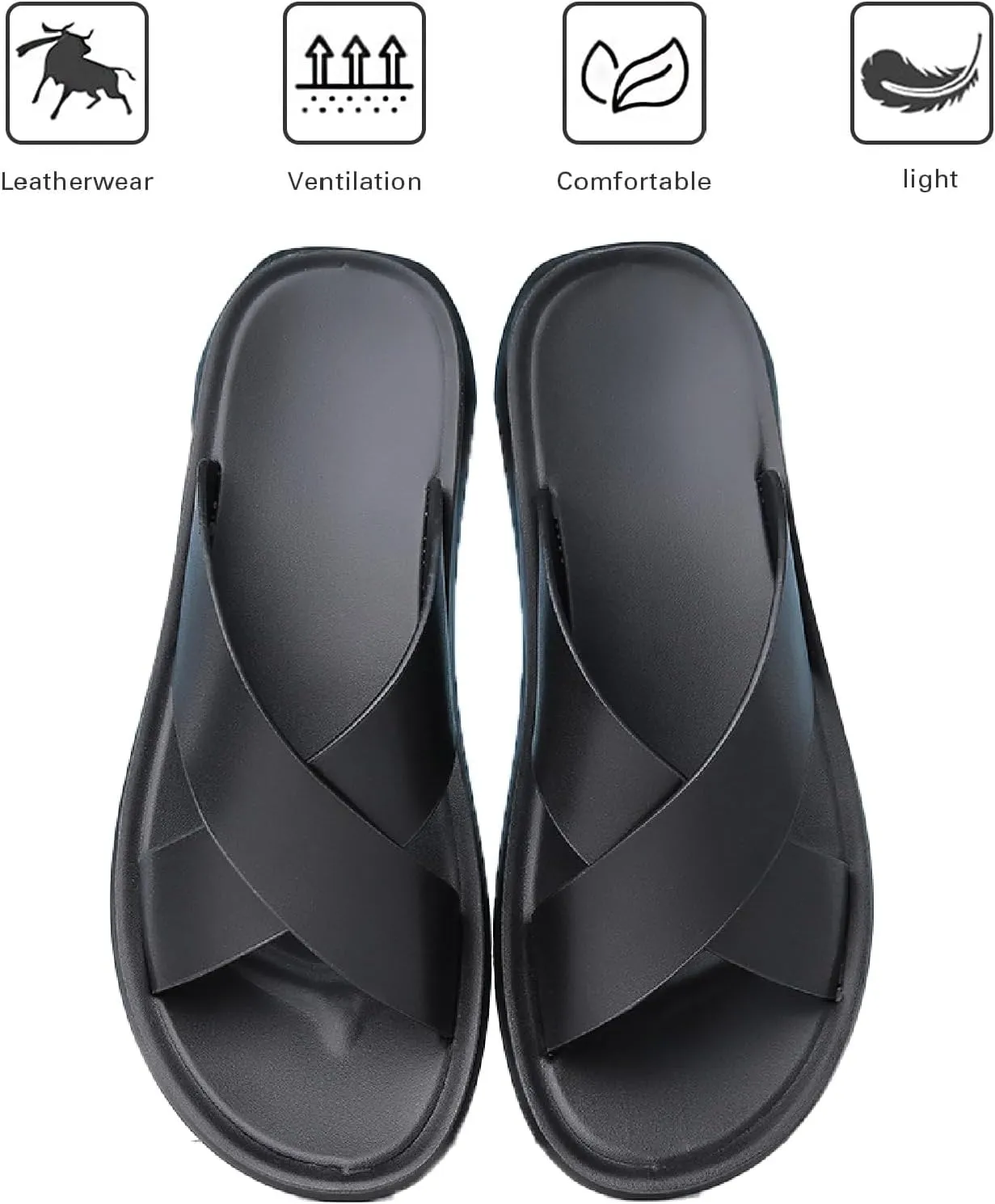 Men's Leather Slip On Slides Sandals Comfortable Lightweight Open Toe Anti-Slip Flat Summer Casual Slippers Indoor Outdoor Walking Beach Sandals
