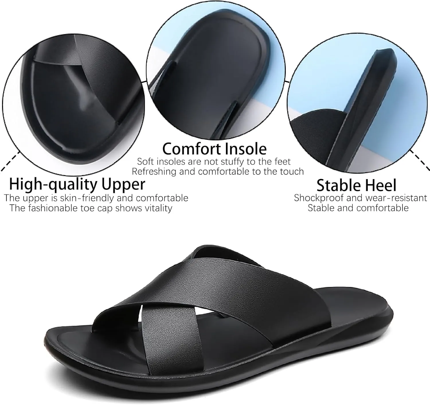 Men's Leather Slip On Slides Sandals Comfortable Lightweight Open Toe Anti-Slip Flat Summer Casual Slippers Indoor Outdoor Walking Beach Sandals