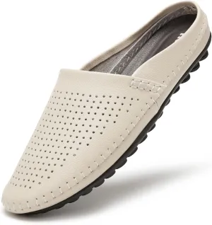 Mens Mules Clog Slippers Breathable Punching Genuine Leather Slip on Casual Backless Loafer Shoes