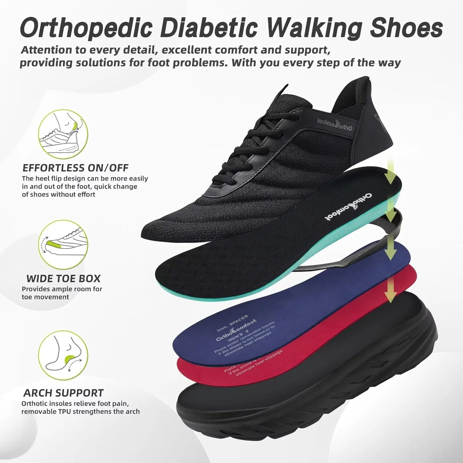 Men's Orthopedic Diabetic Wide Running Shoes: Comfortable Arch Support Plantar Fasciitis Sports Shoes for Easy On/Off, High Arch Orthotic Swollen Tennis Fashion Sneakers for Foot and Heel Pain Relief