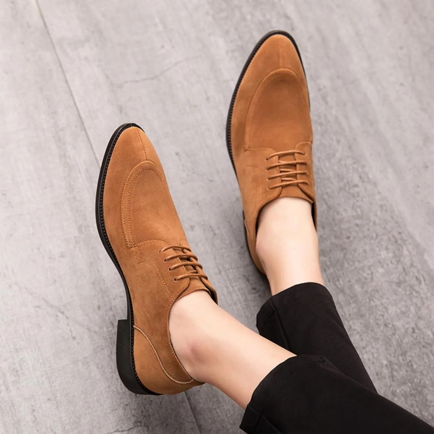 Mens Retro Suede Leather Lace Up Dress Oxfords Shoes Classic Slip On Low Top Pointed Toe Non-Slip Flats Derby Shoes for Formal Business Wedding
