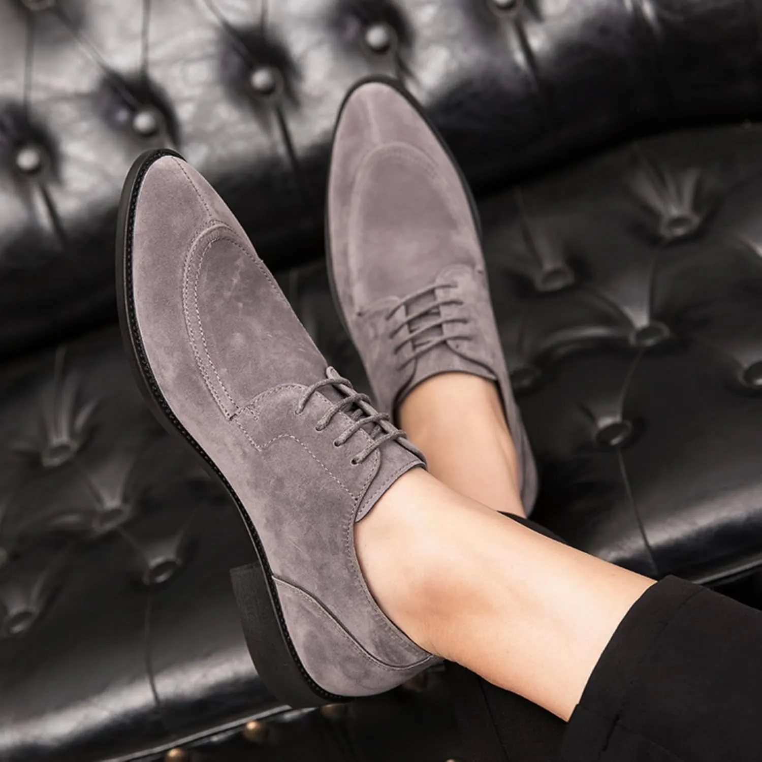 Mens Retro Suede Leather Lace Up Dress Oxfords Shoes Classic Slip On Low Top Pointed Toe Non-Slip Flats Derby Shoes for Formal Business Wedding