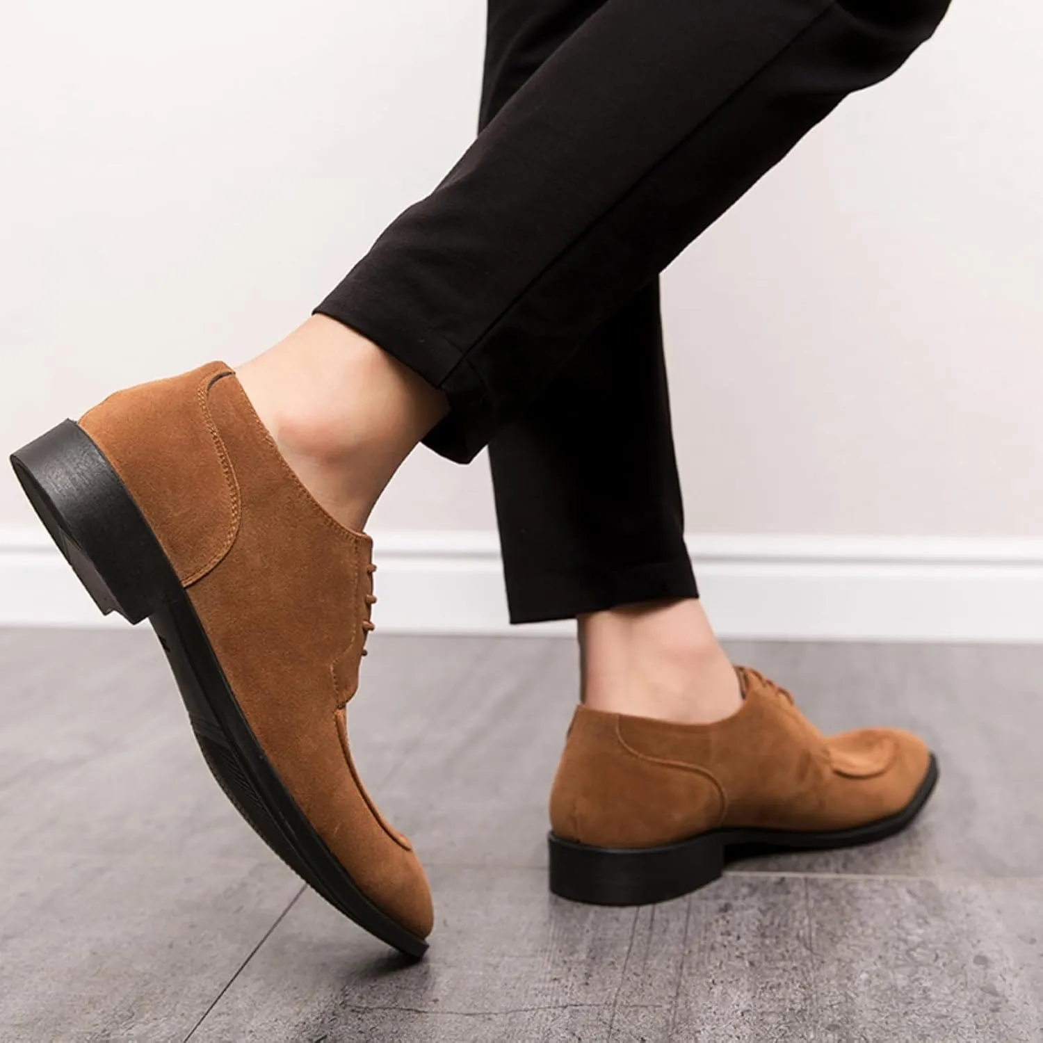 Mens Retro Suede Leather Lace Up Dress Oxfords Shoes Classic Slip On Low Top Pointed Toe Non-Slip Flats Derby Shoes for Formal Business Wedding