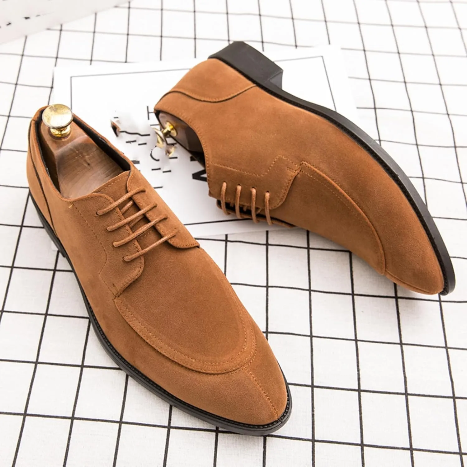 Mens Retro Suede Leather Lace Up Dress Oxfords Shoes Classic Slip On Low Top Pointed Toe Non-Slip Flats Derby Shoes for Formal Business Wedding