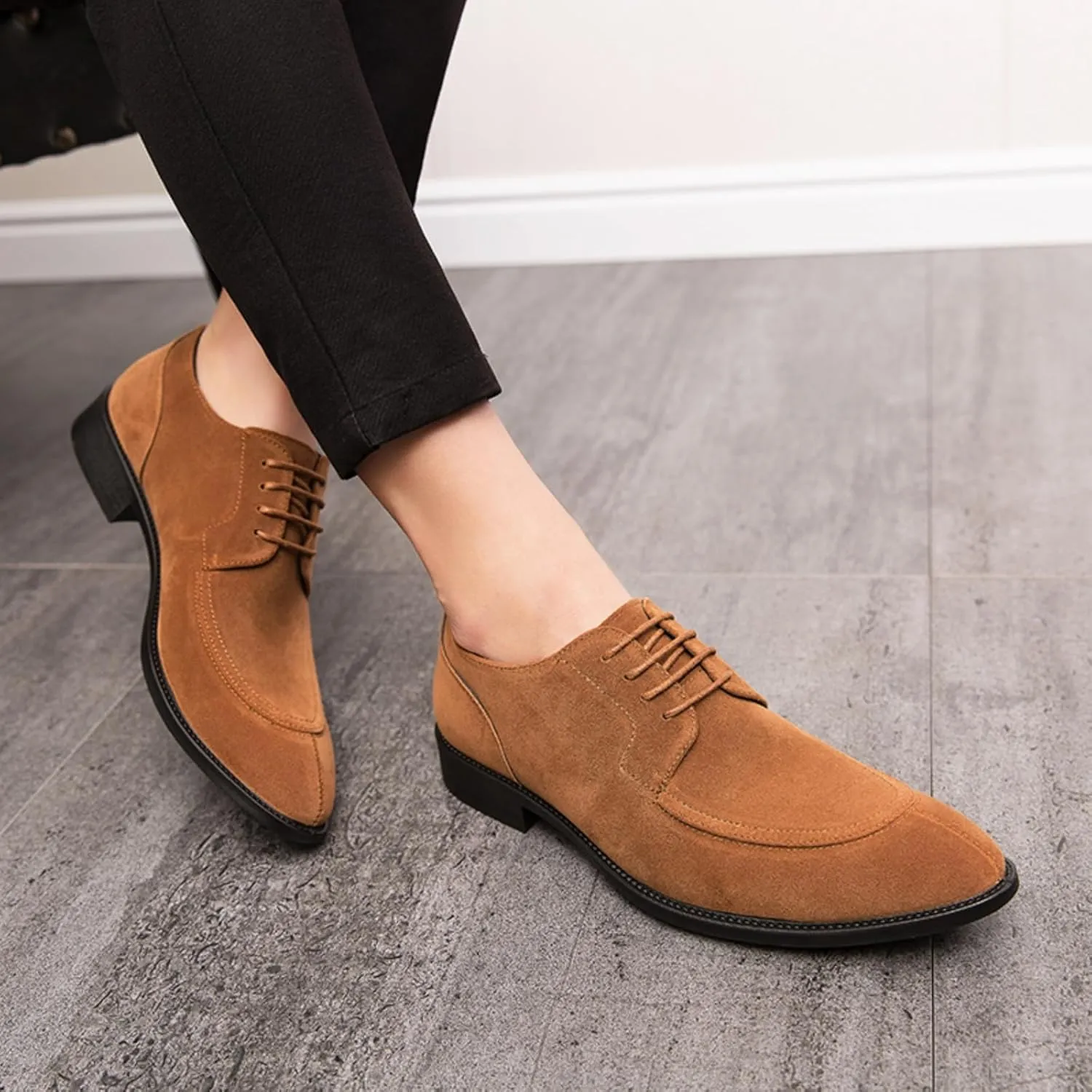 Mens Retro Suede Leather Lace Up Dress Oxfords Shoes Classic Slip On Low Top Pointed Toe Non-Slip Flats Derby Shoes for Formal Business Wedding