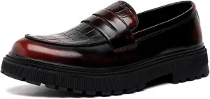 Men's Textured Chunky Platform Penny Loafers Vintage Round Toe Hand Stitched Non-Slip Slip-On Dress Shoes for Business, Work, Wedding