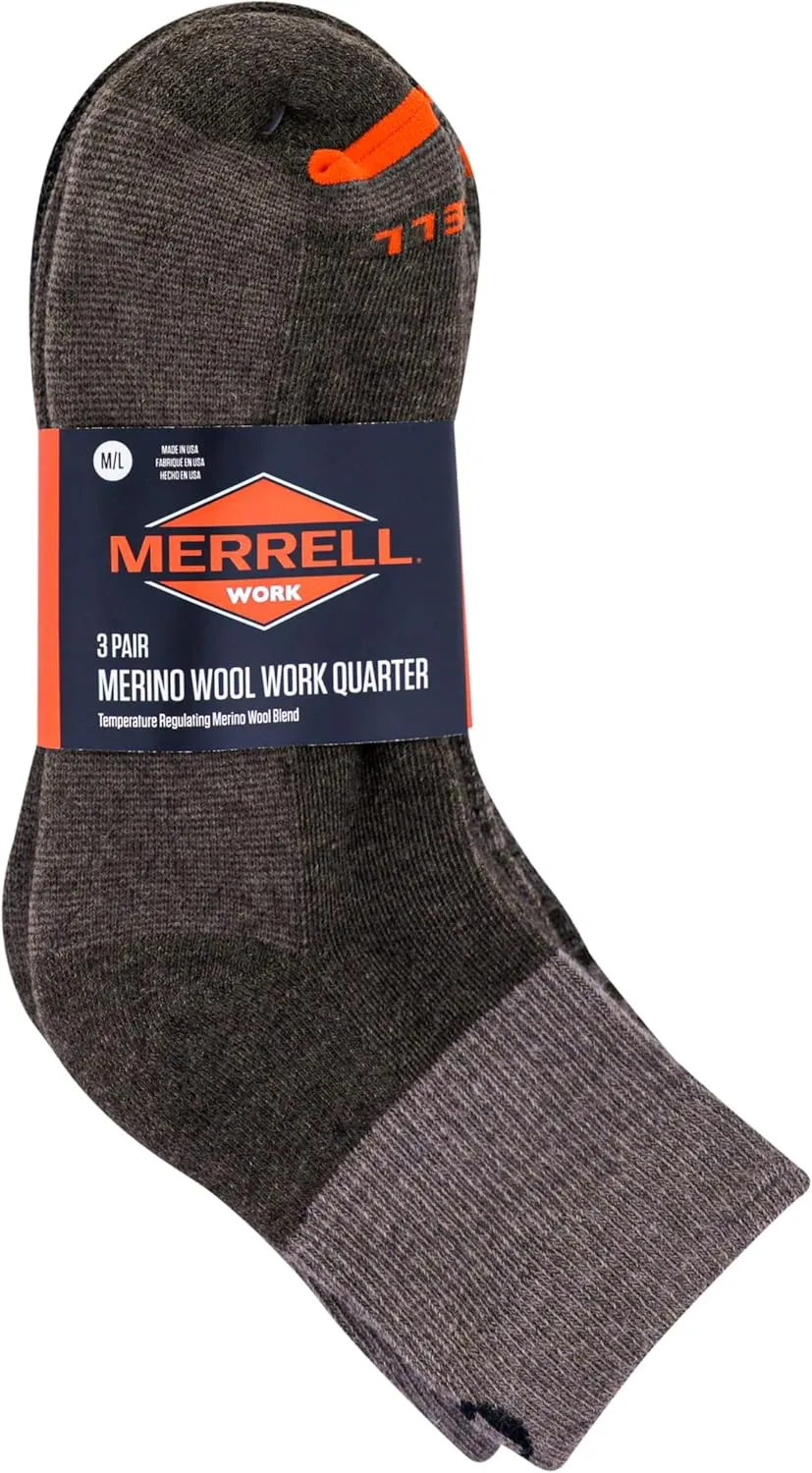 Merrell Unisex-Adult Merino Wool Work Socks - 3 Pairs - Half Cushion Comfort & Arch Support