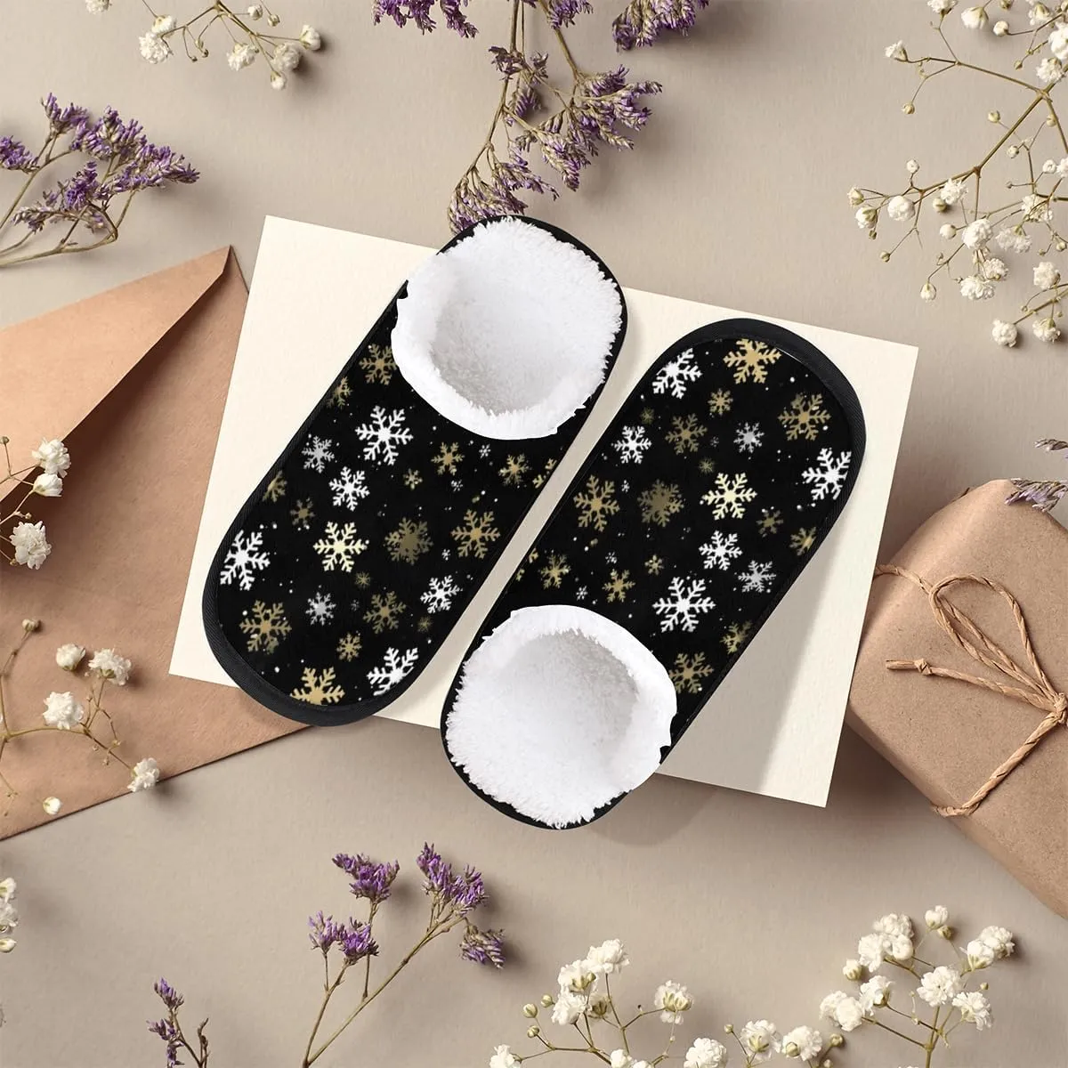 Merry Christmas Women's House Slippers Snowflakes Xmas Slip-on Fuzzy Memory Foam Slippers Anti Skid Indoor Warm Home Shoes
