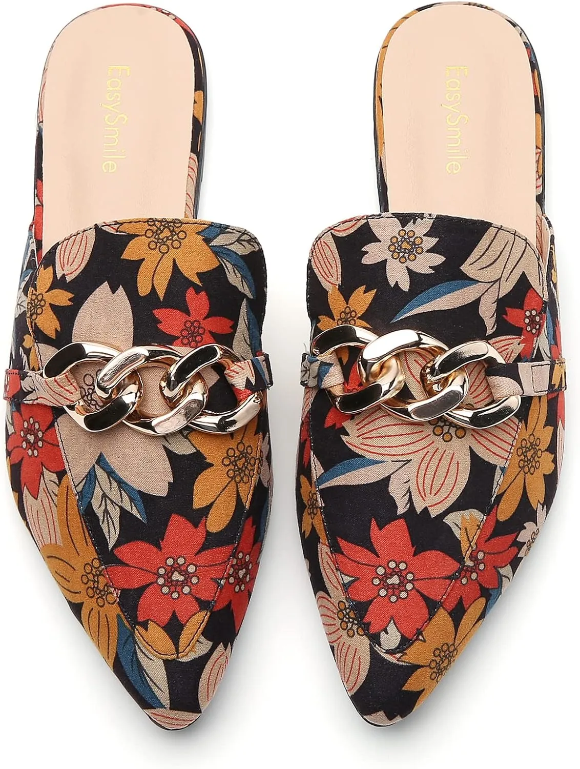 Metal Chain Decor Flat Mules for Women Closed Pointed Toe Slip on Loafers Slides Backless Mules Shoes