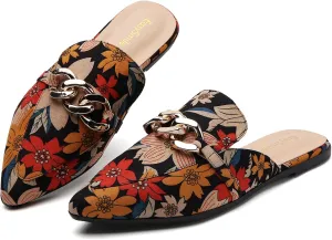 Metal Chain Decor Flat Mules for Women Closed Pointed Toe Slip on Loafers Slides Backless Mules Shoes