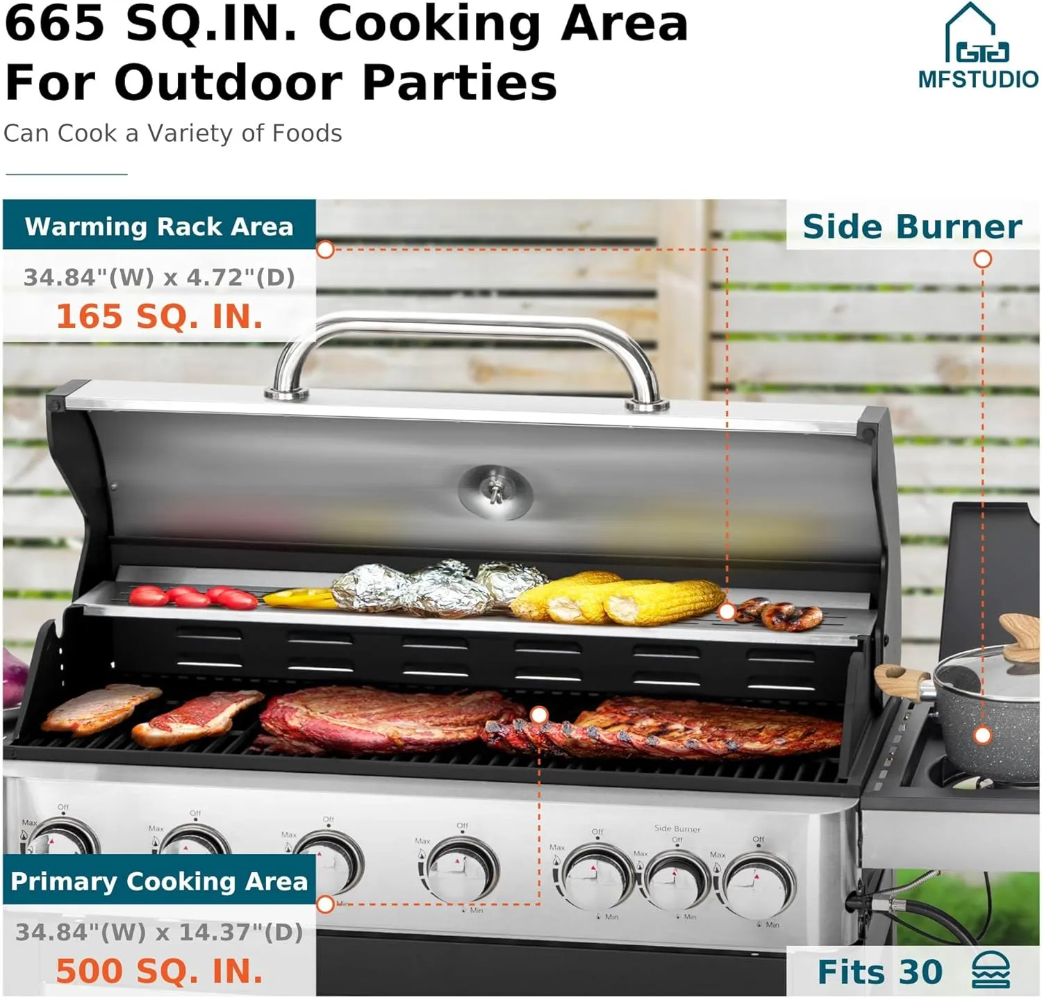 MFSTUDIO 6-Burner Propane Gas Grill, Stainless Steel BBQ Grill with Side Burner and Porcelain-Enameled Cast Iron Grates, High Output Gas BBQ Grills for Barbeque and Outdoor Cooking
