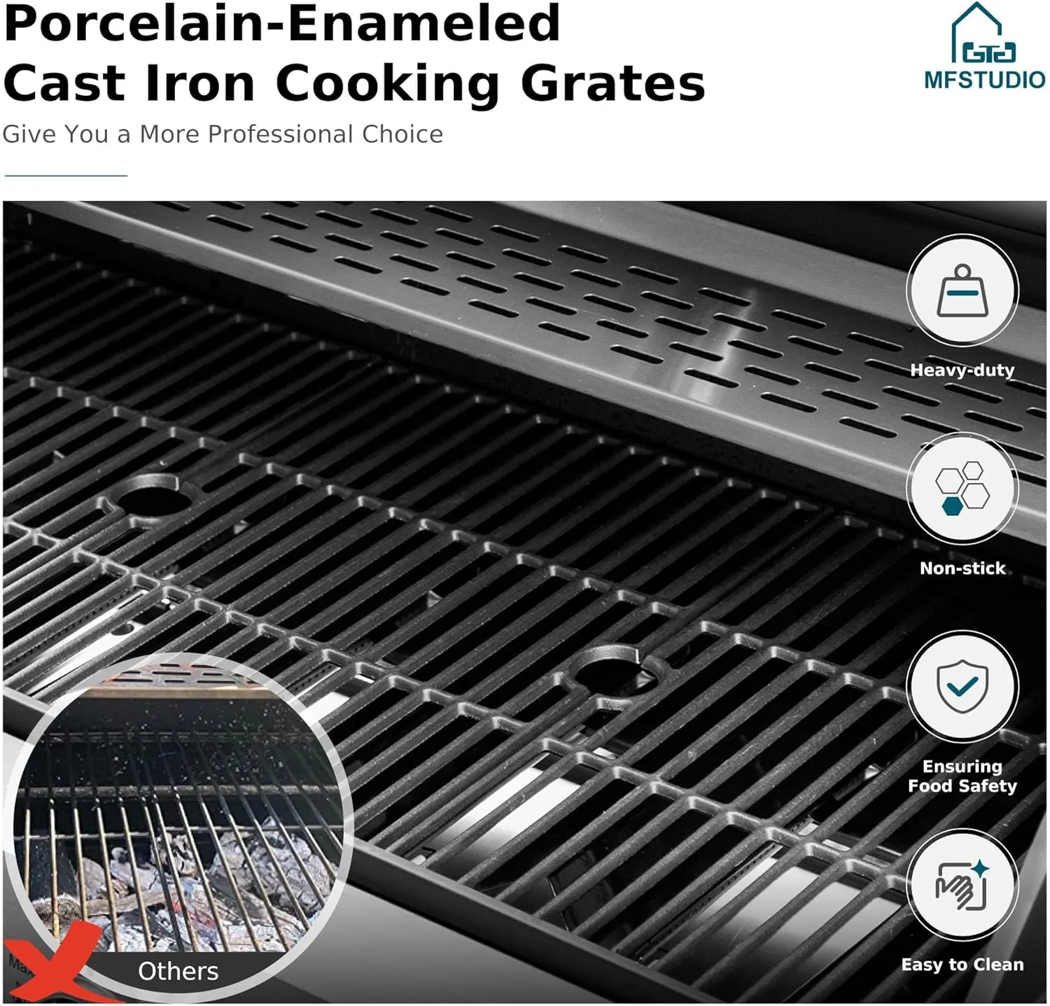 MFSTUDIO 6-Burner Propane Gas Grill, Stainless Steel BBQ Grill with Side Burner and Porcelain-Enameled Cast Iron Grates, High Output Gas BBQ Grills for Barbeque and Outdoor Cooking