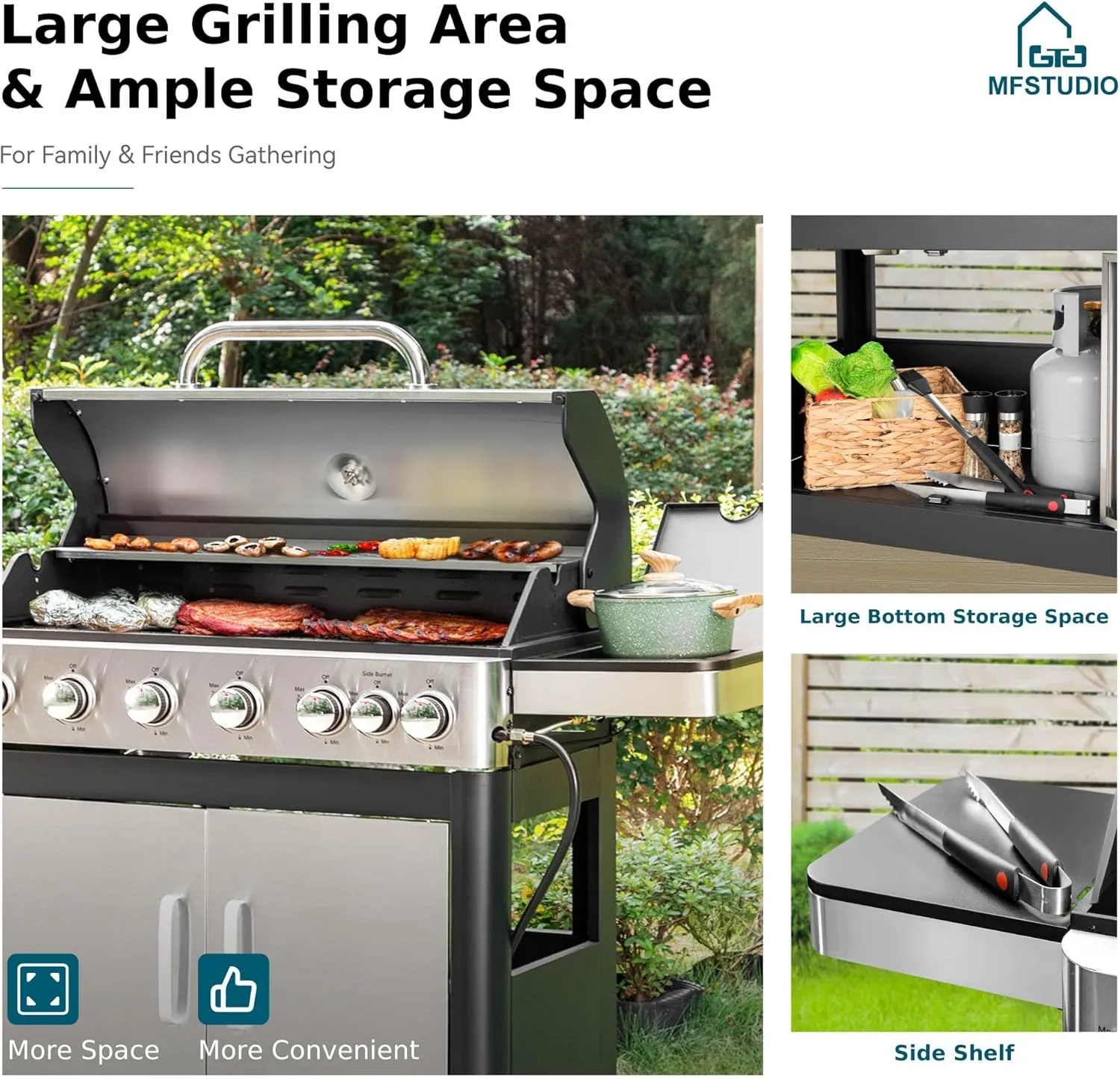 MFSTUDIO 6-Burner Propane Gas Grill, Stainless Steel BBQ Grill with Side Burner and Porcelain-Enameled Cast Iron Grates, High Output Gas BBQ Grills for Barbeque and Outdoor Cooking