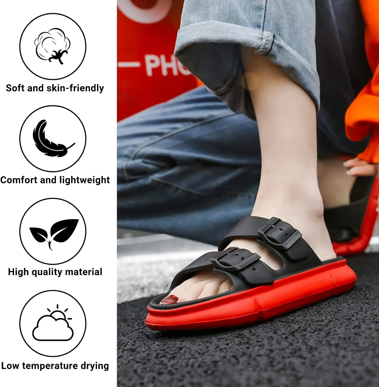 Mnplciea Women's Comfort Adjustable Double Buckle Flat Sandals Lightweight Footbed Slip on EVA Slippers