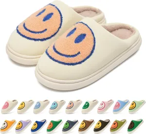 MOLATIN Cute smiling face Slippers for Women and Men，Women's Men's Retro Preppy Happy Face Slippers,Plush Slip-On Warm House Slipper for Winter,Non-slip PU Flat Slides