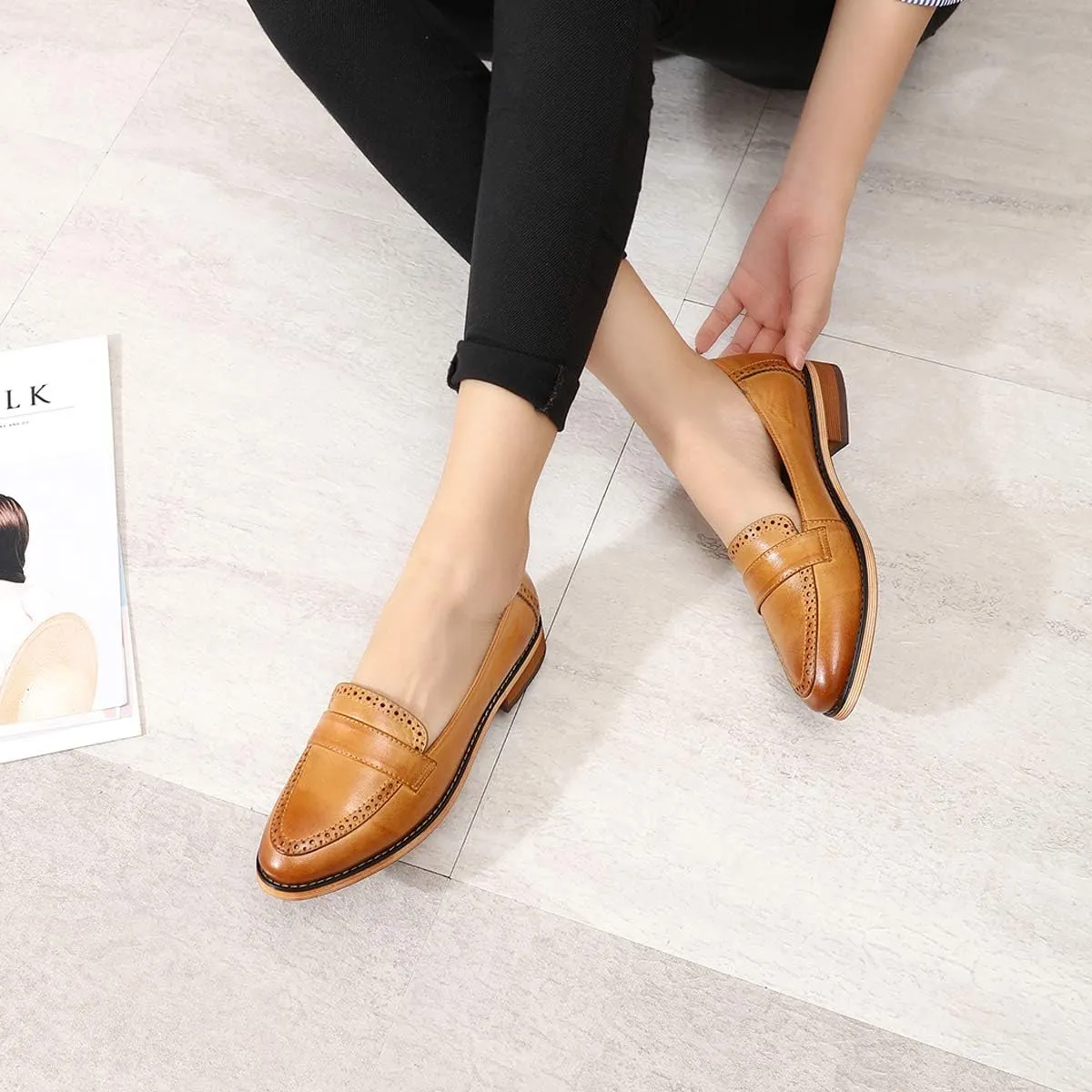 Mona flying Women's Classy Leather Penny Loafer Dress Casual Slip on Flat Office Work Shoes for Ladies