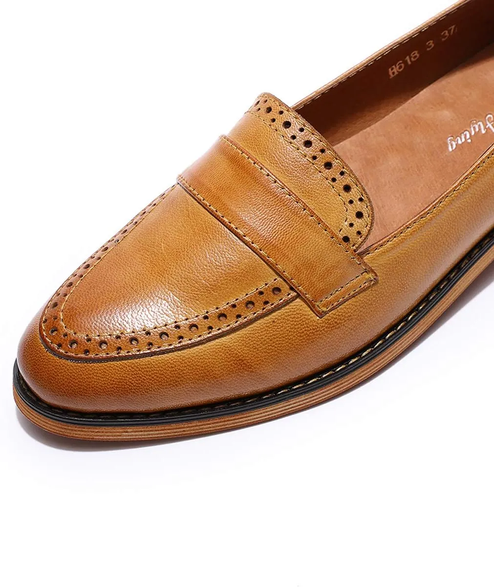 Mona flying Women's Classy Leather Penny Loafer Dress Casual Slip on Flat Office Work Shoes for Ladies