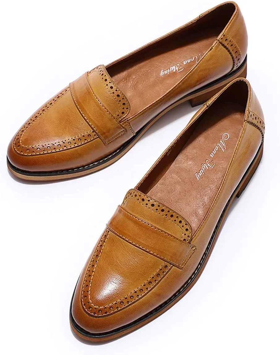 Mona flying Women's Classy Leather Penny Loafer Dress Casual Slip on Flat Office Work Shoes for Ladies