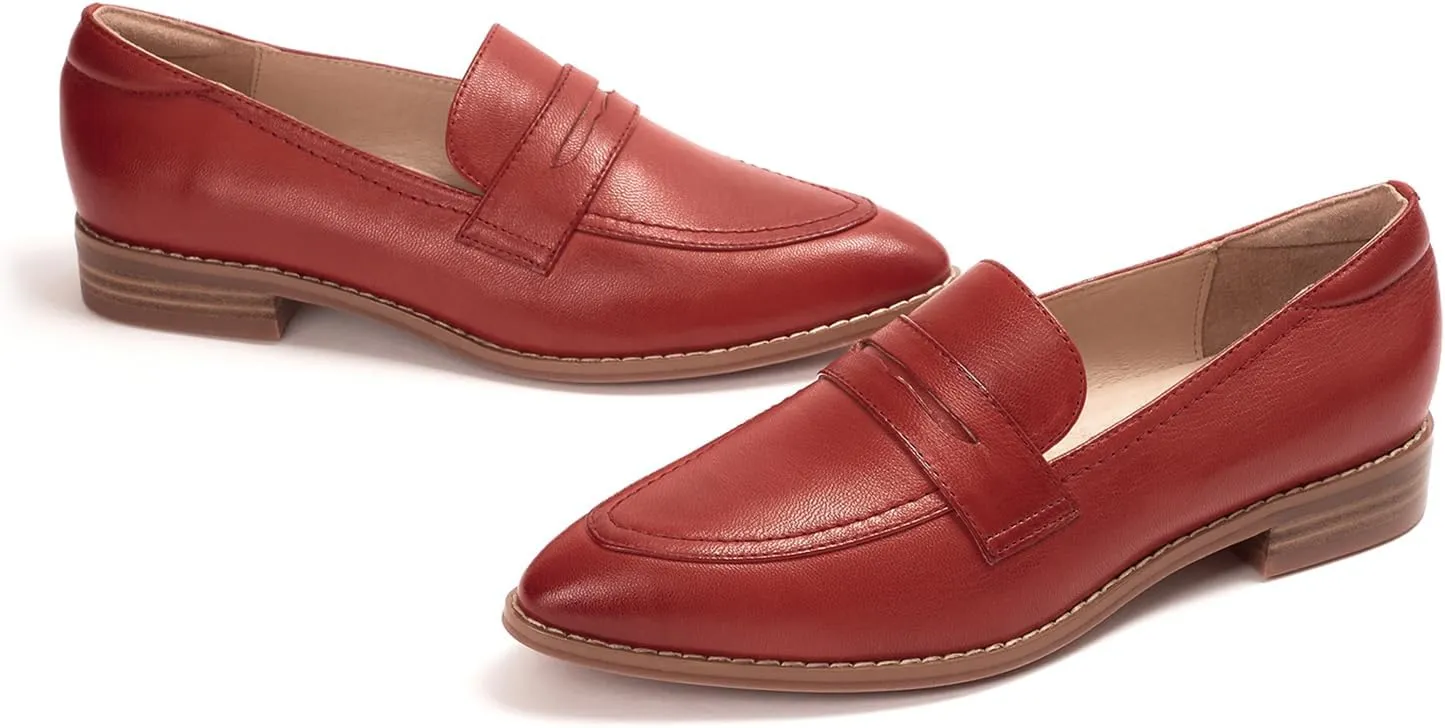 Mona flying Women's Leather Pointed Toe Penny Loafer Dress Casual Slip on Flat Office Work Shoes for Ladies