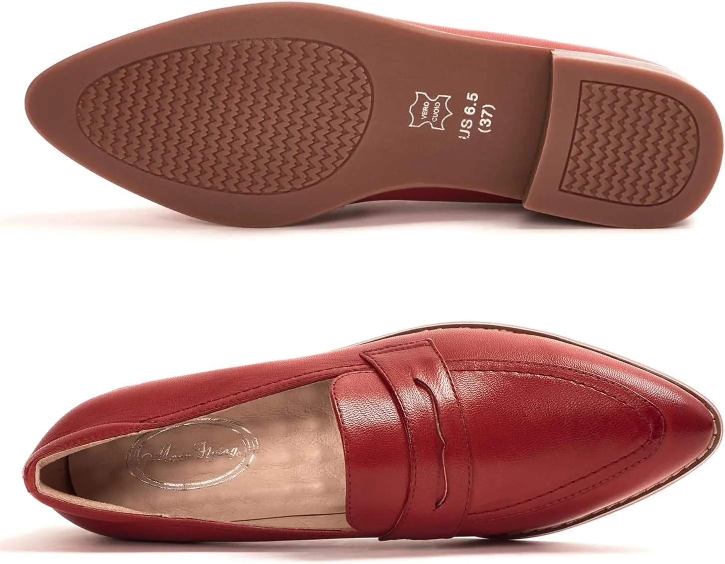 Mona flying Women's Leather Pointed Toe Penny Loafer Dress Casual Slip on Flat Office Work Shoes for Ladies