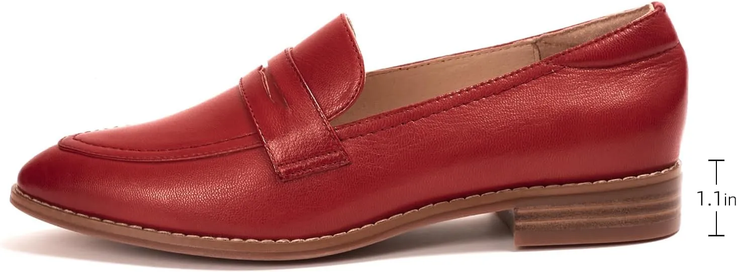 Mona flying Women's Leather Pointed Toe Penny Loafer Dress Casual Slip on Flat Office Work Shoes for Ladies