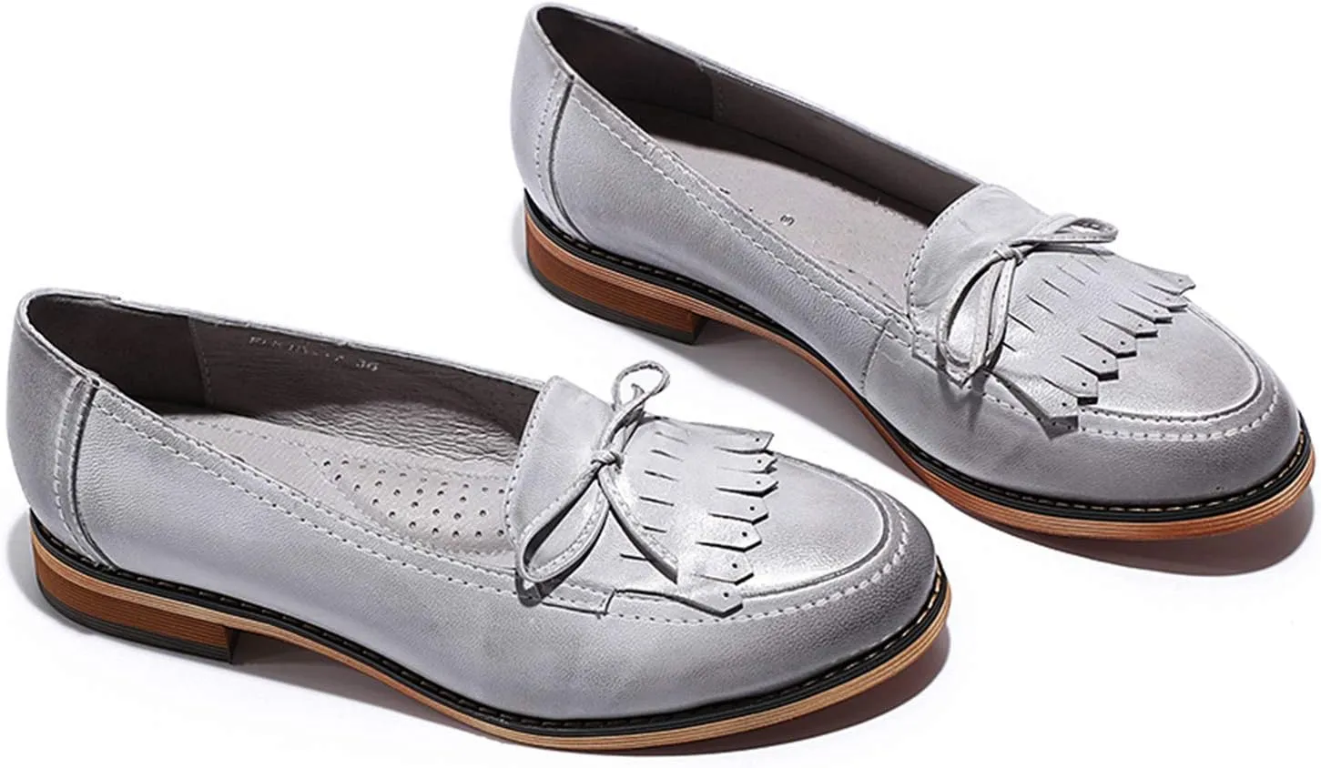 Mona flying Women's Leather Tassel Loafer Dress Casual Slip on Flat Office Work Shoes for Ladies