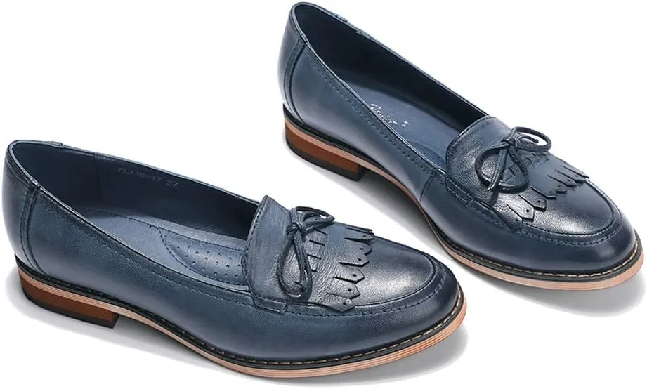Mona flying Women's Leather Tassel Loafer Dress Casual Slip on Flat Office Work Shoes for Ladies