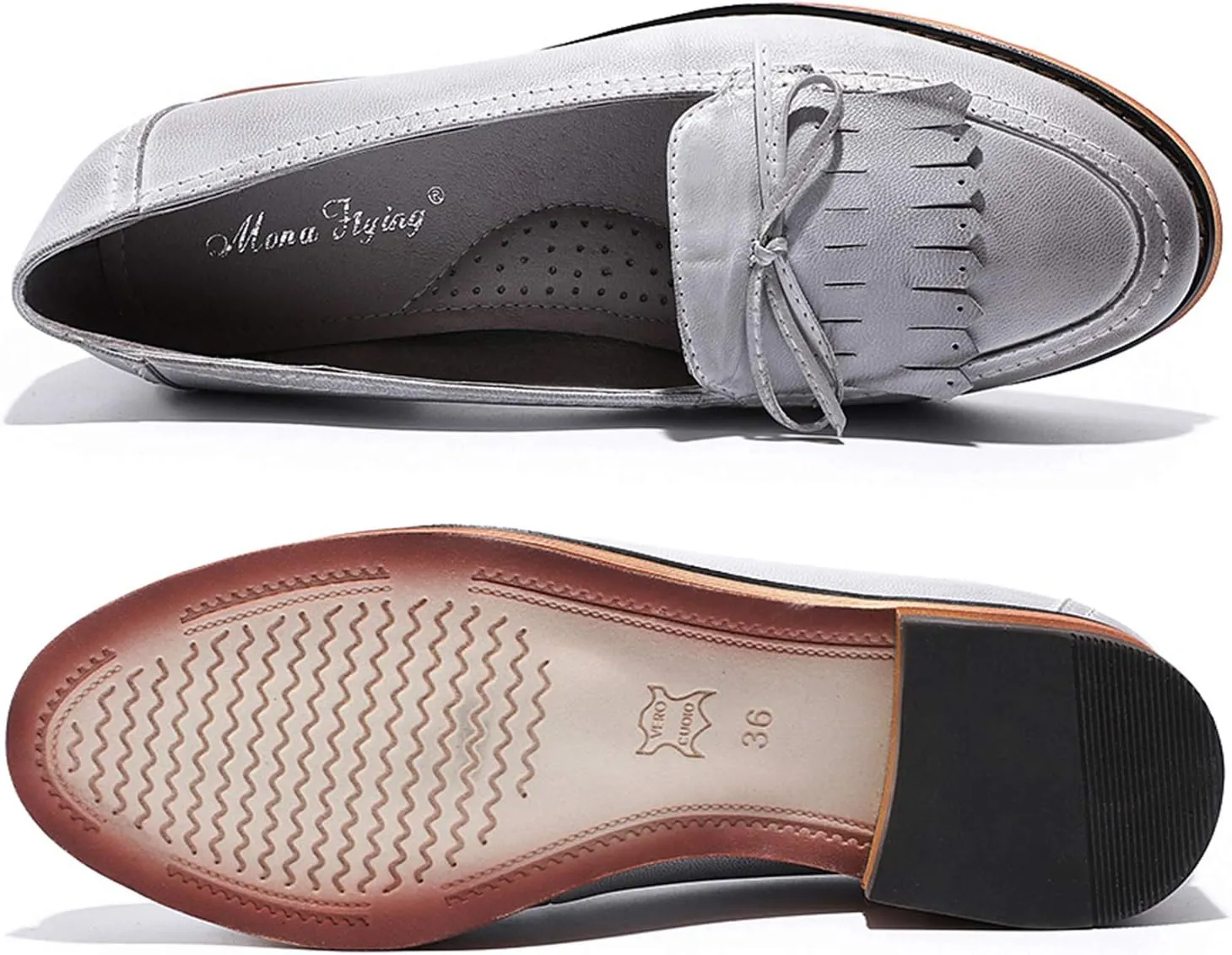 Mona flying Women's Leather Tassel Loafer Dress Casual Slip on Flat Office Work Shoes for Ladies