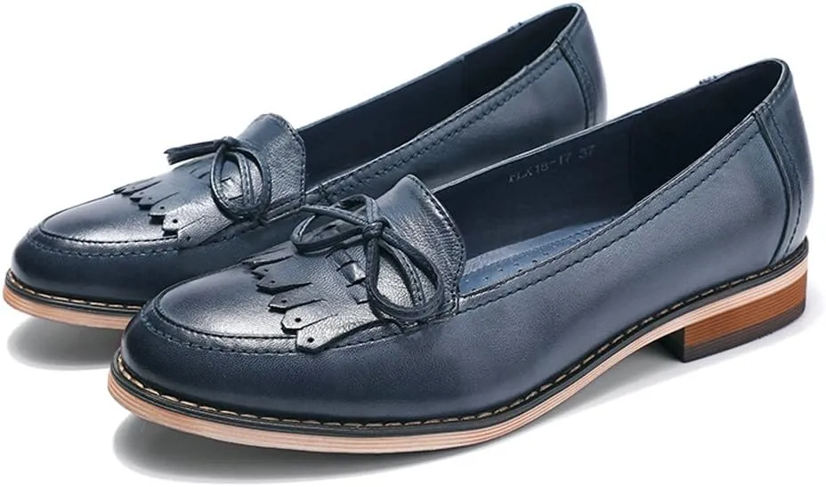 Mona flying Women's Leather Tassel Loafer Dress Casual Slip on Flat Office Work Shoes for Ladies