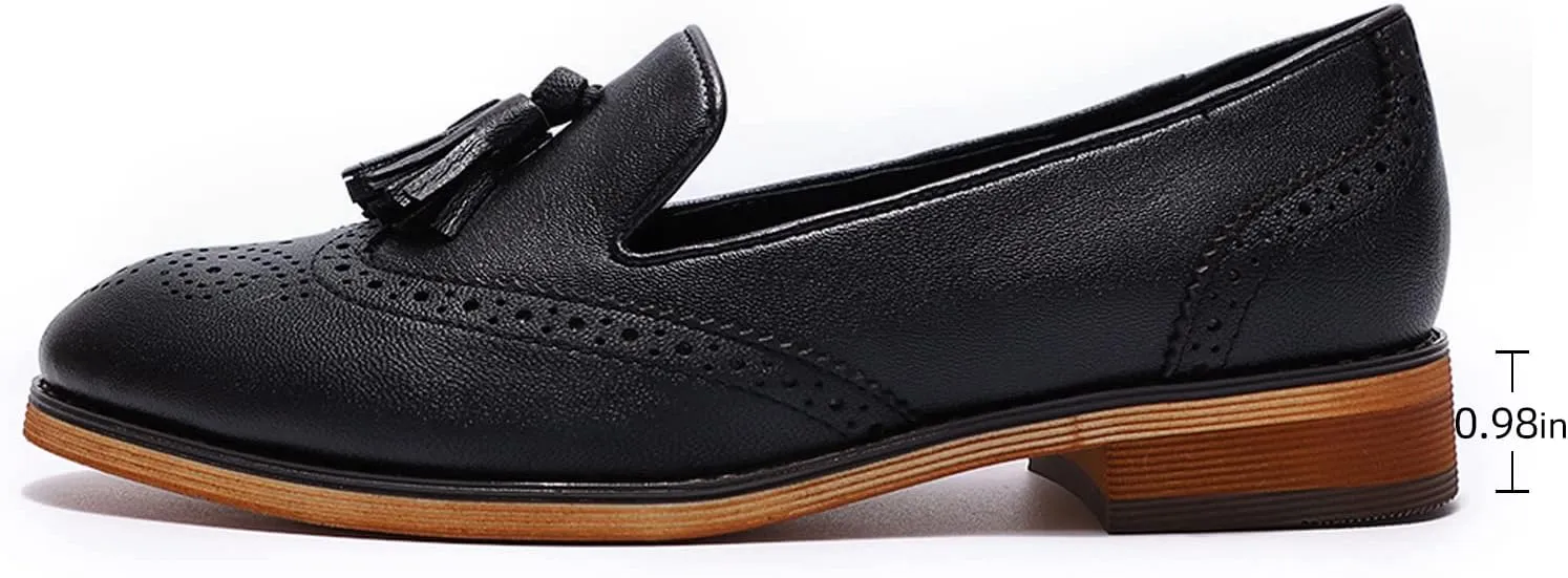 Mona flying Women's Leather Tassel Loafer Slip on Wingtip Brogue Dress Casual Flat Office Work Shoes for Ladies