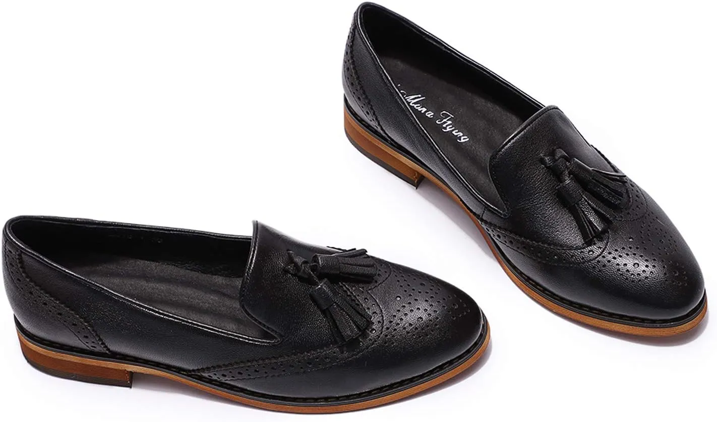 Mona flying Women's Leather Tassel Loafer Slip on Wingtip Brogue Dress Casual Flat Office Work Shoes for Ladies