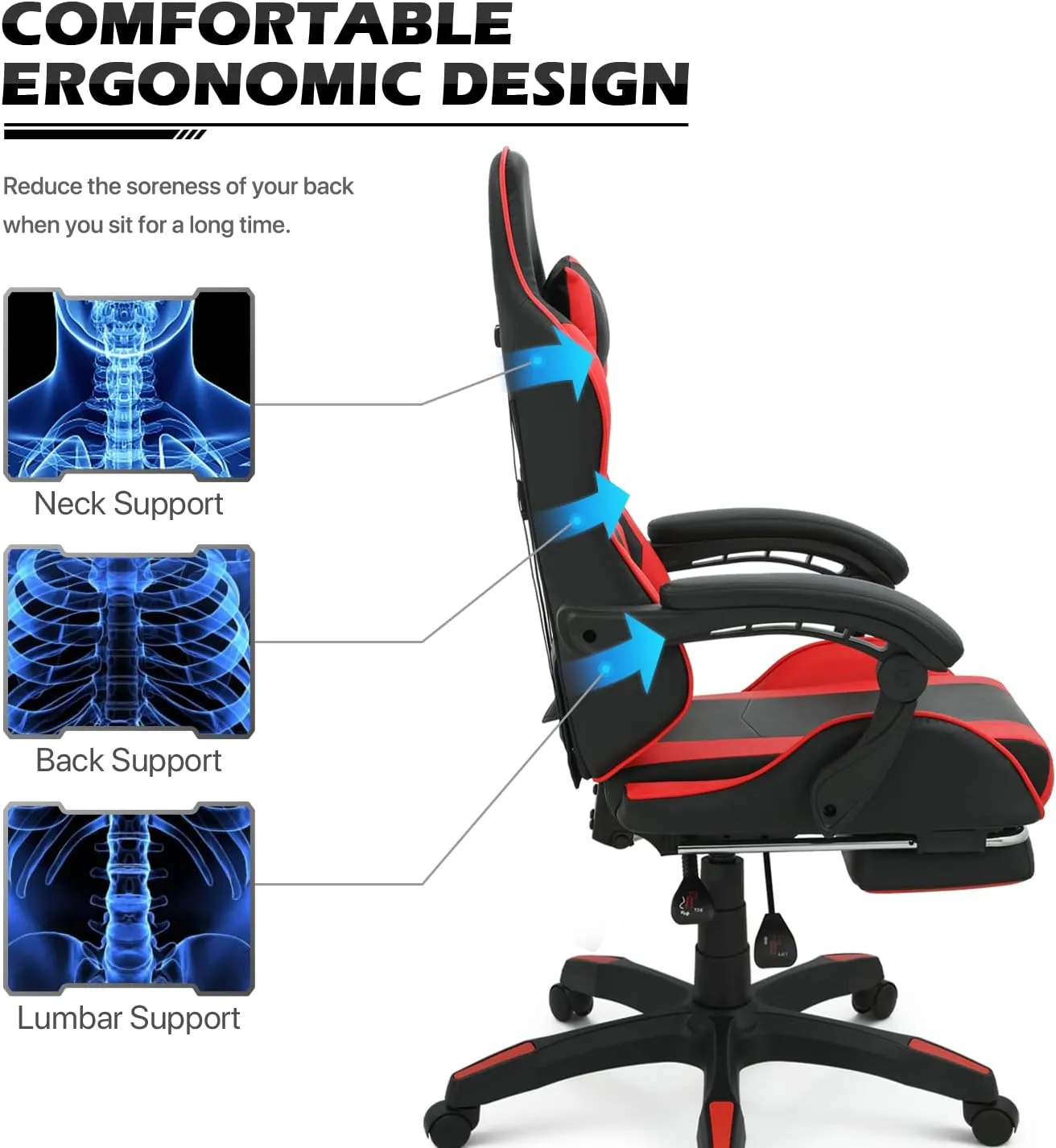 MoNiBloom Gaming Chair with Footrest High Back Video Game Chair with Headrest & Lumbar Support Height Adjustable Leather Swivel Computer Chair for Adult Teen Office or Gaming, Red