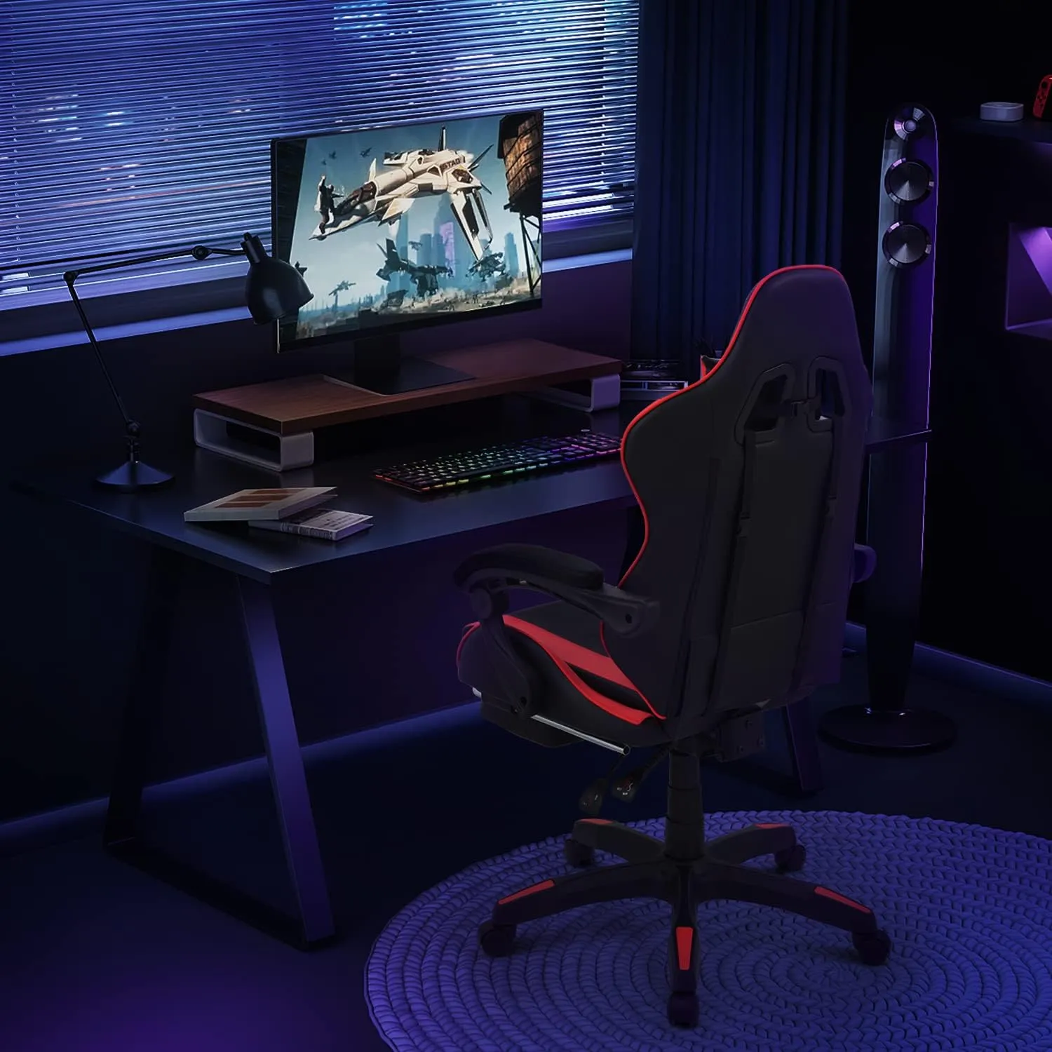 MoNiBloom Gaming Chair with Footrest High Back Video Game Chair with Headrest & Lumbar Support Height Adjustable Leather Swivel Computer Chair for Adult Teen Office or Gaming, Red