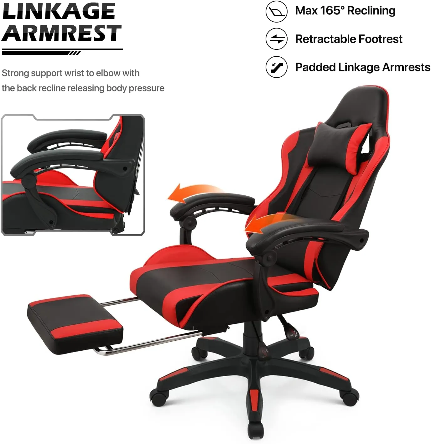 MoNiBloom Gaming Chair with Footrest High Back Video Game Chair with Headrest & Lumbar Support Height Adjustable Leather Swivel Computer Chair for Adult Teen Office or Gaming, Red