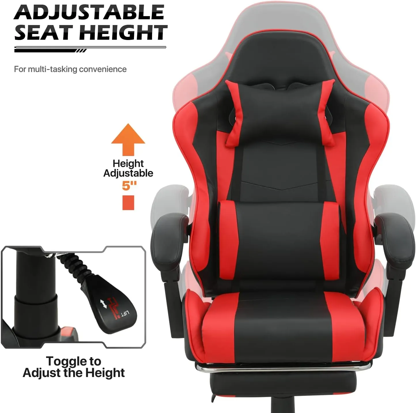 MoNiBloom Gaming Chair with Footrest High Back Video Game Chair with Headrest & Lumbar Support Height Adjustable Leather Swivel Computer Chair for Adult Teen Office or Gaming, Red