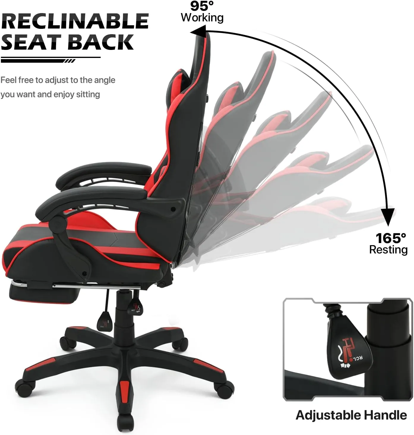 MoNiBloom Gaming Chair with Footrest High Back Video Game Chair with Headrest & Lumbar Support Height Adjustable Leather Swivel Computer Chair for Adult Teen Office or Gaming, Red