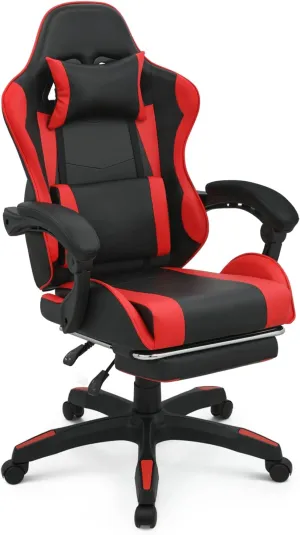 MoNiBloom Gaming Chair with Footrest High Back Video Game Chair with Headrest & Lumbar Support Height Adjustable Leather Swivel Computer Chair for Adult Teen Office or Gaming, Red