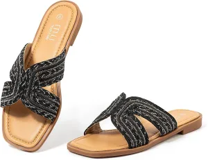 MUSSHOE Womens Flat Sandals Comfortable Slip On Dressy Open Square Toe Slides Sandals for Summer