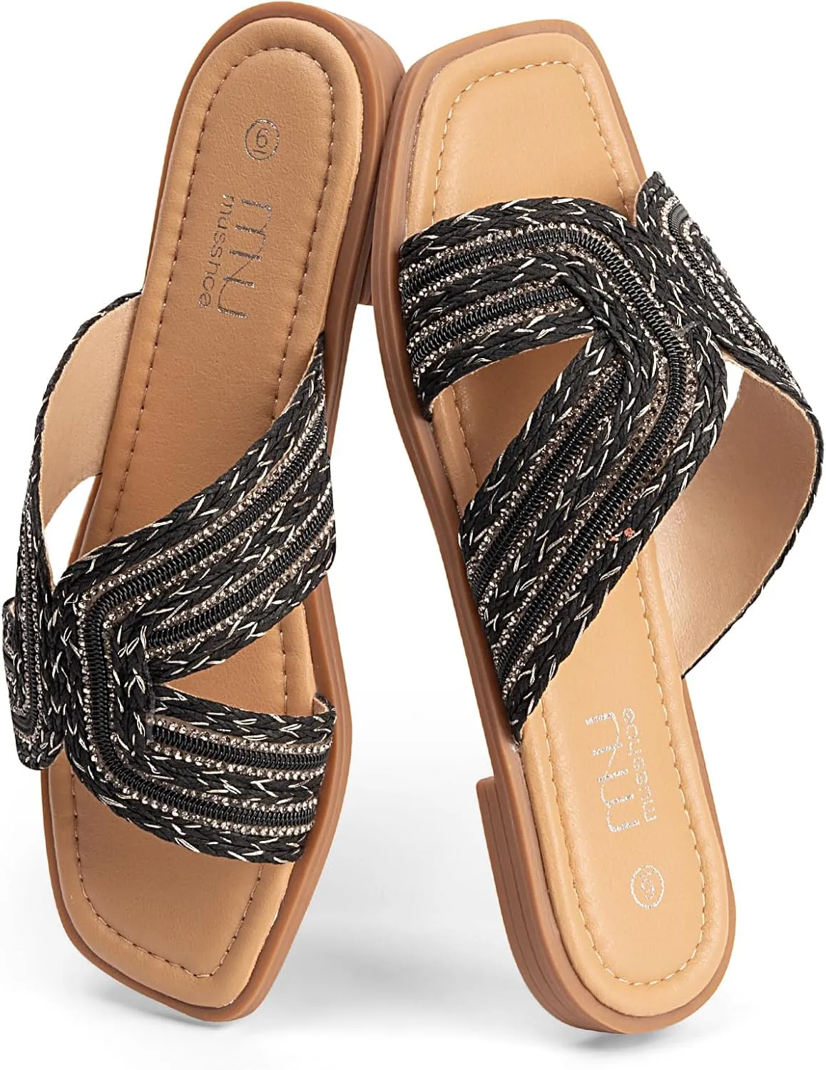 MUSSHOE Womens Flat Sandals Comfortable Slip On Dressy Open Square Toe Slides Sandals for Summer